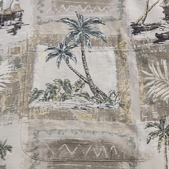 Island Beach Print Natural Colors Button Down Shirt Cocoanut Wood Buttons - Picture 10 of 13